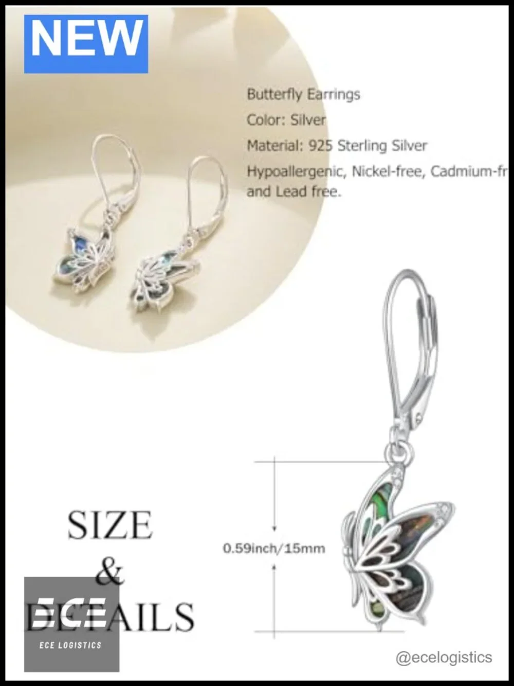 Butterfly Dangle Earrings 925 Sterling Silver 18K White Gold Plated